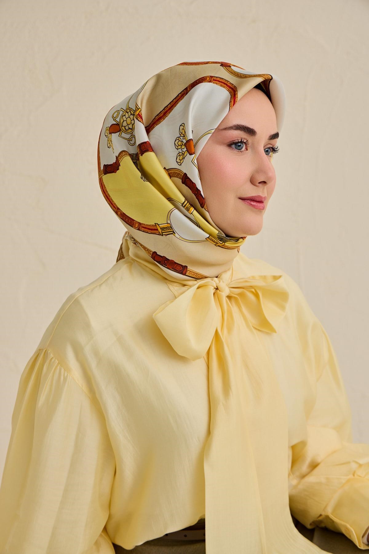 Twill İpek Eşarp Kemer Desen Sarı 90x90