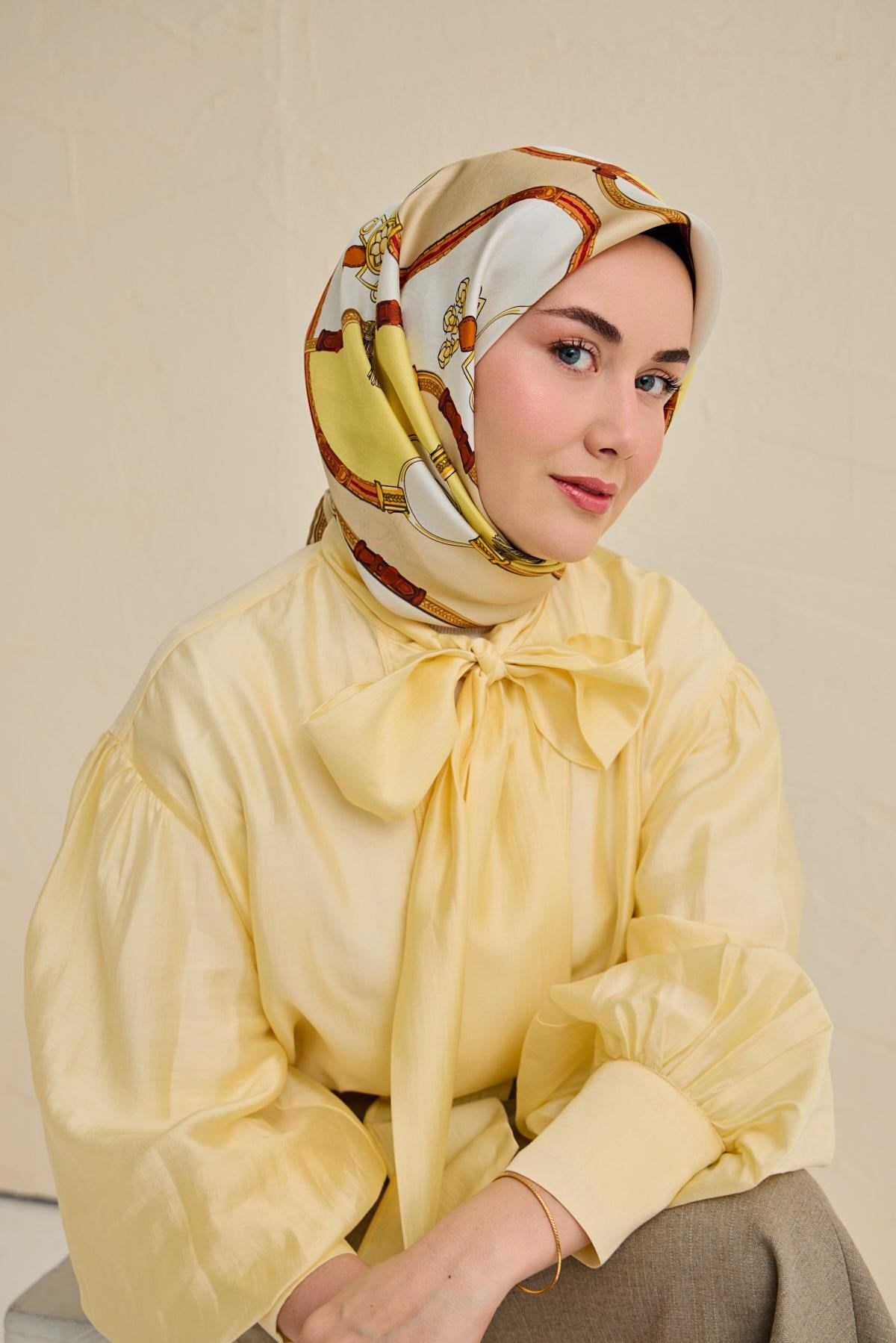 Twill İpek Eşarp Kemer Desen Sarı 90x90