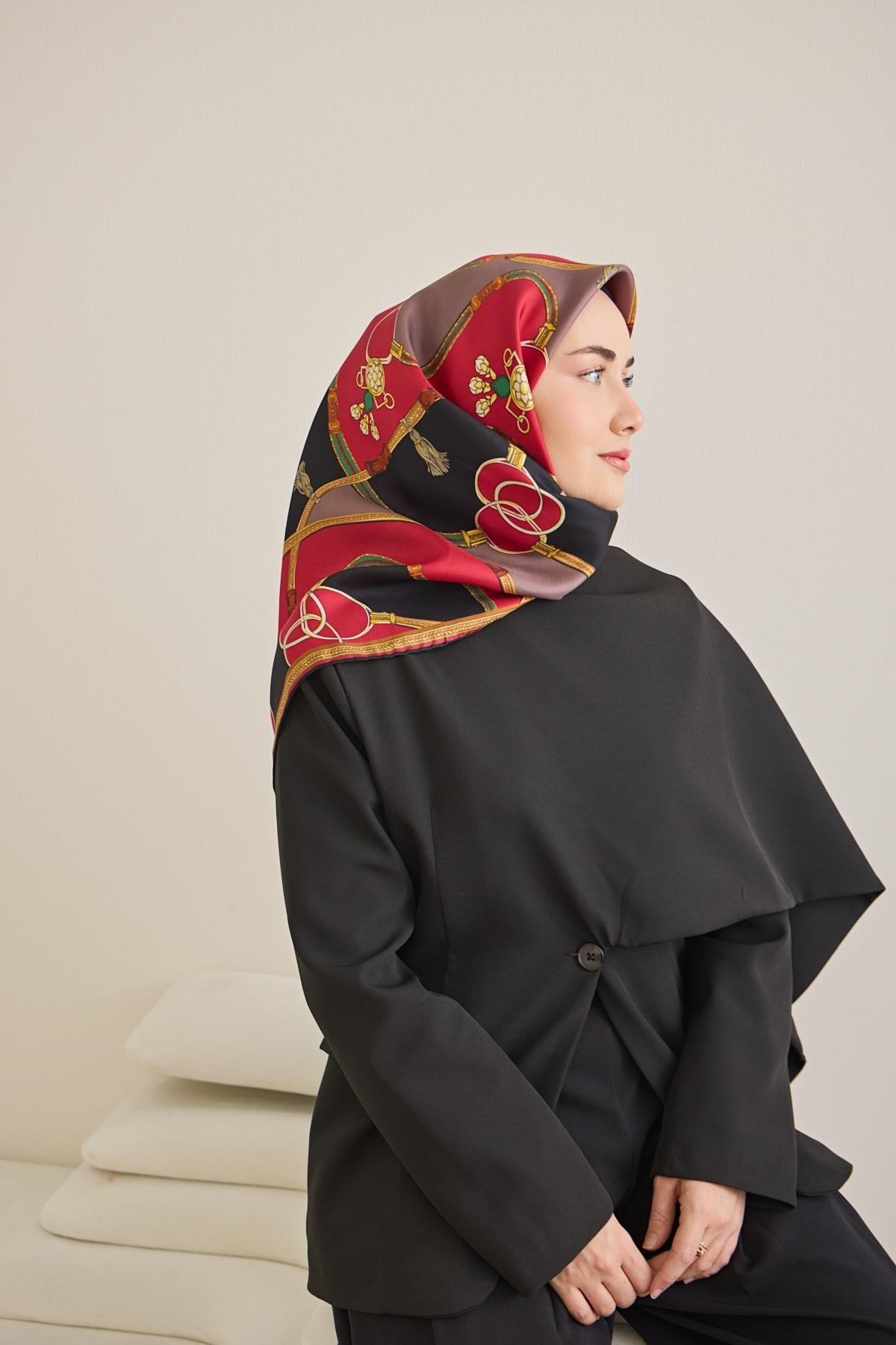 Twill İpek Eşarp Kemer Desen Siyah 90x90