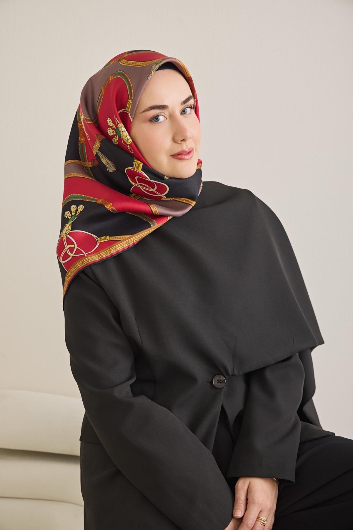 Twill İpek Eşarp Kemer Desen Siyah 90x90