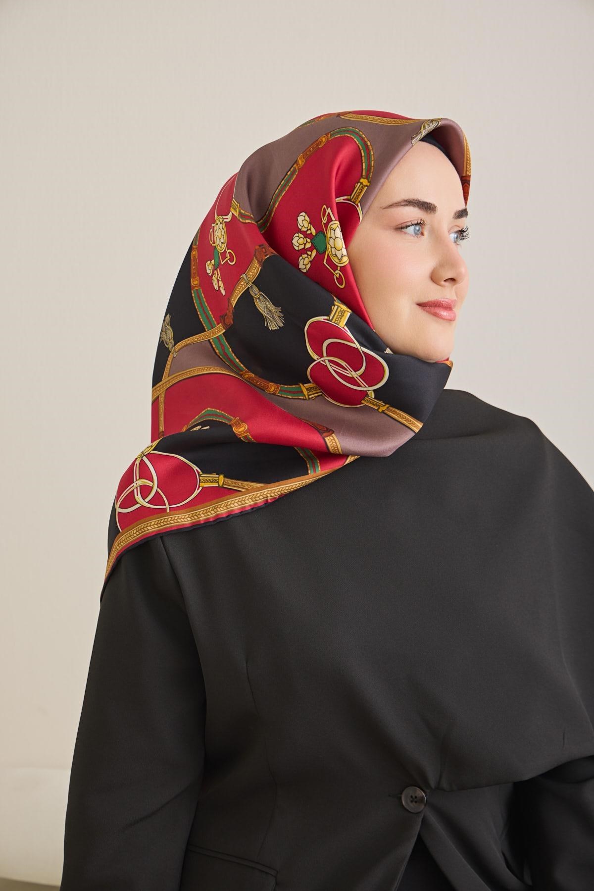 Twill İpek Eşarp Kemer Desen Siyah 90x90