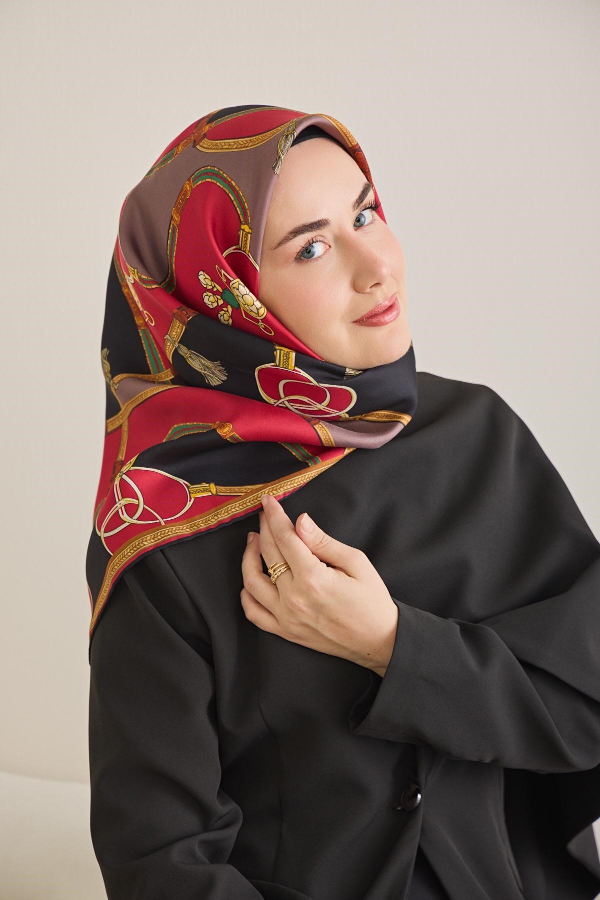 Twill İpek Eşarp Kemer Desen Siyah 90x90