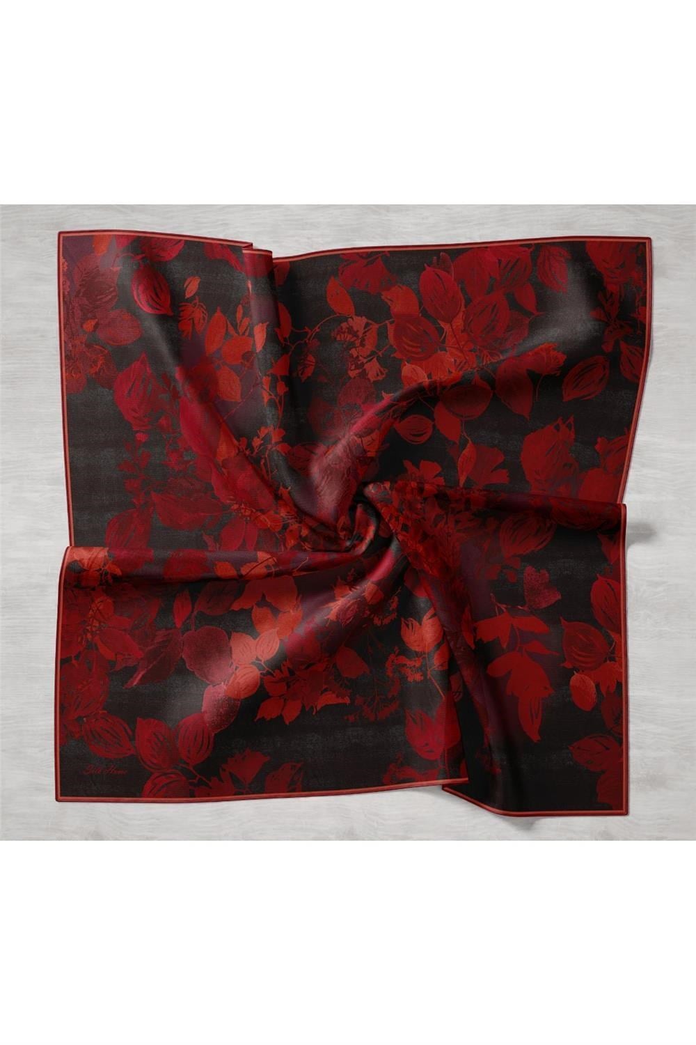 Twill İpek Eşarp Kırmızı-Siyah Çiçek Desenli Tok Duruşlu Kaymaz 90x90