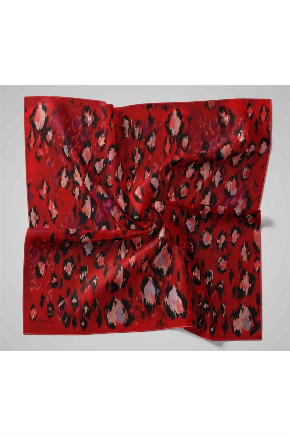 Twill İpek Eşarp Kırmızı-Siyah Desenli Tok Duruşlu 90x90