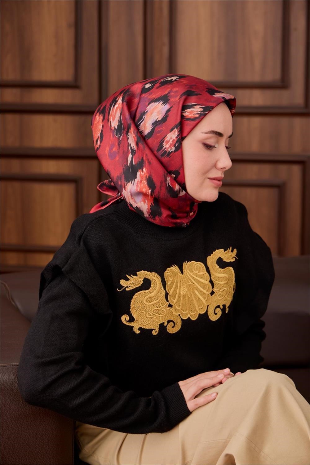 Twill İpek Eşarp Kırmızı-Siyah Desenli Tok Duruşlu 90x90