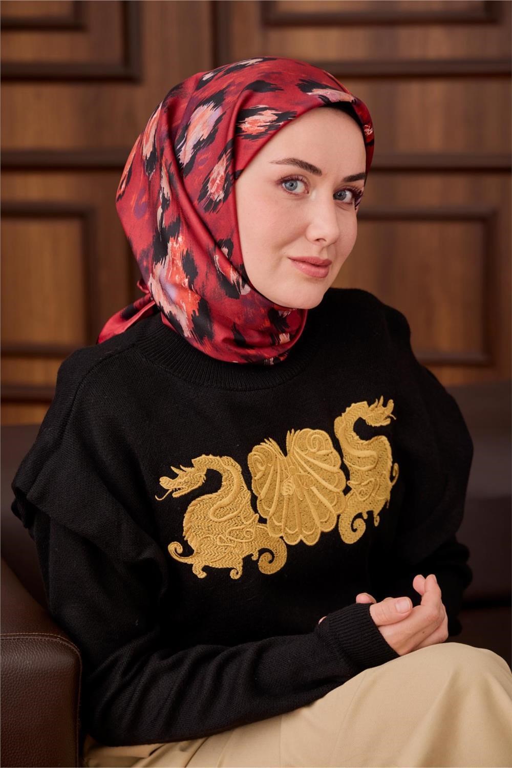 Twill İpek Eşarp Kırmızı-Siyah Desenli Tok Duruşlu 90x90
