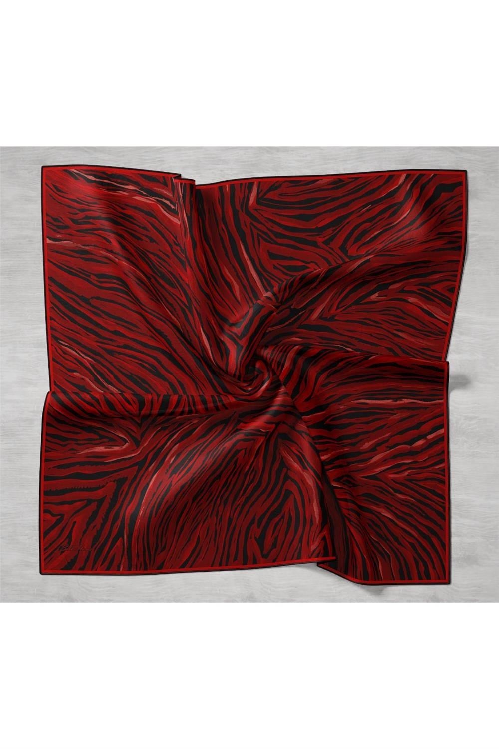 Twill İpek Eşarp Kırmızı Siyah Geometrik Desenli Tok Duruşlu 90x90