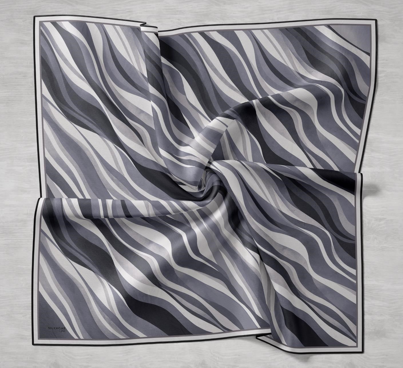 Twill İpek Eşarp Kıvrımlı Şerit Gri 90x90