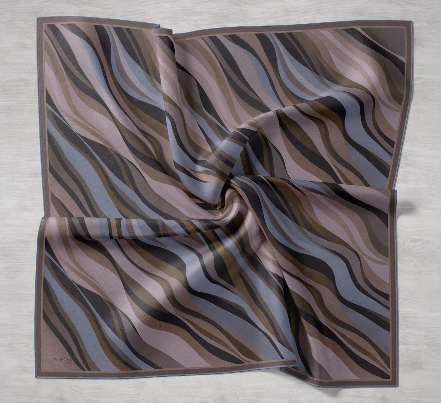 Twill İpek Eşarp Kıvrımlı Şerit Kahverengi 90x90