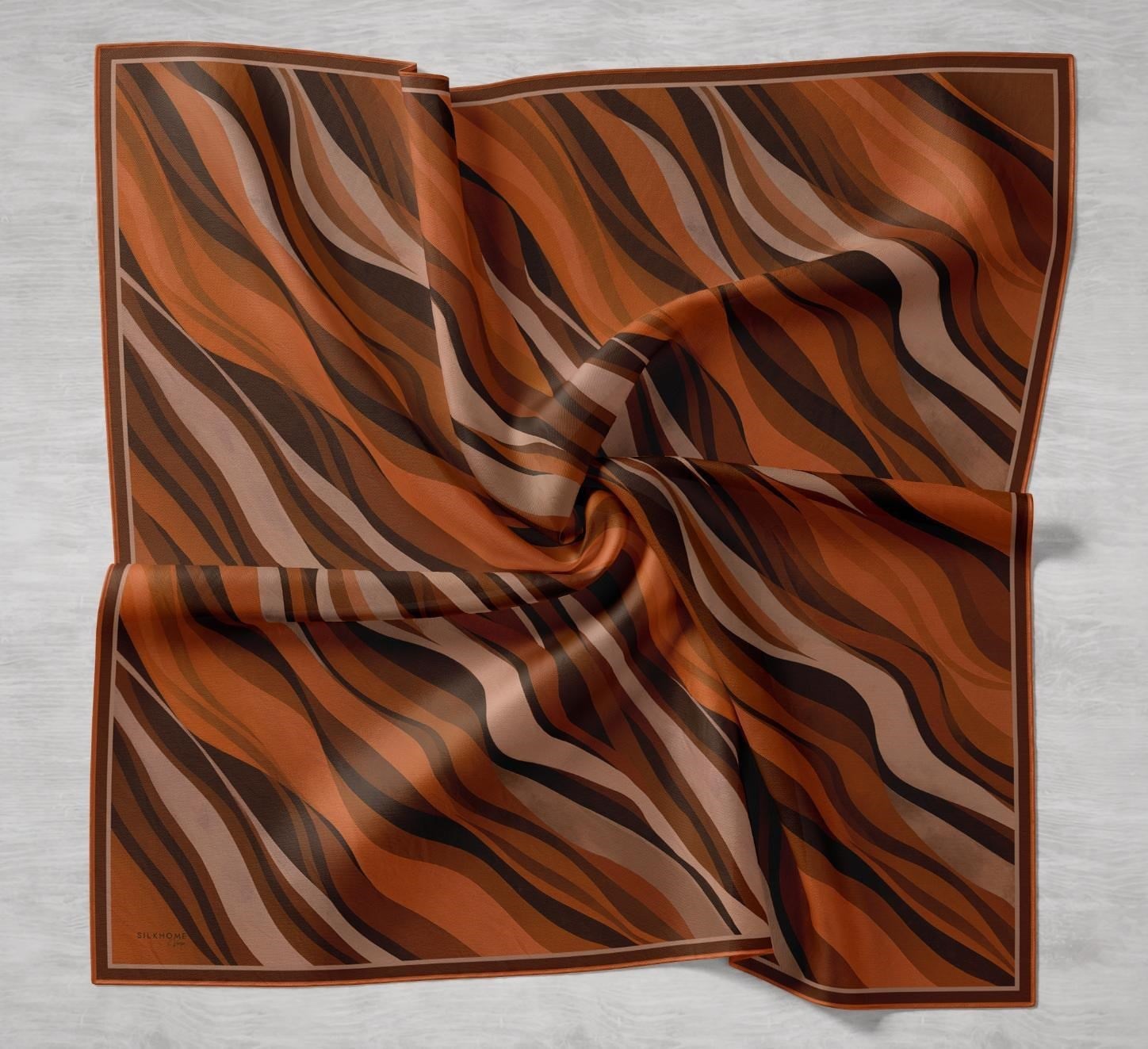 Twill İpek Eşarp Kıvrımlı Şerit Kiremit 90x90