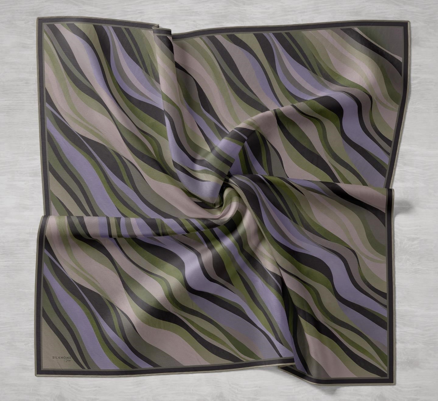 Twill İpek Eşarp Kıvrımlı Şerit Yeşil Bej 90x90