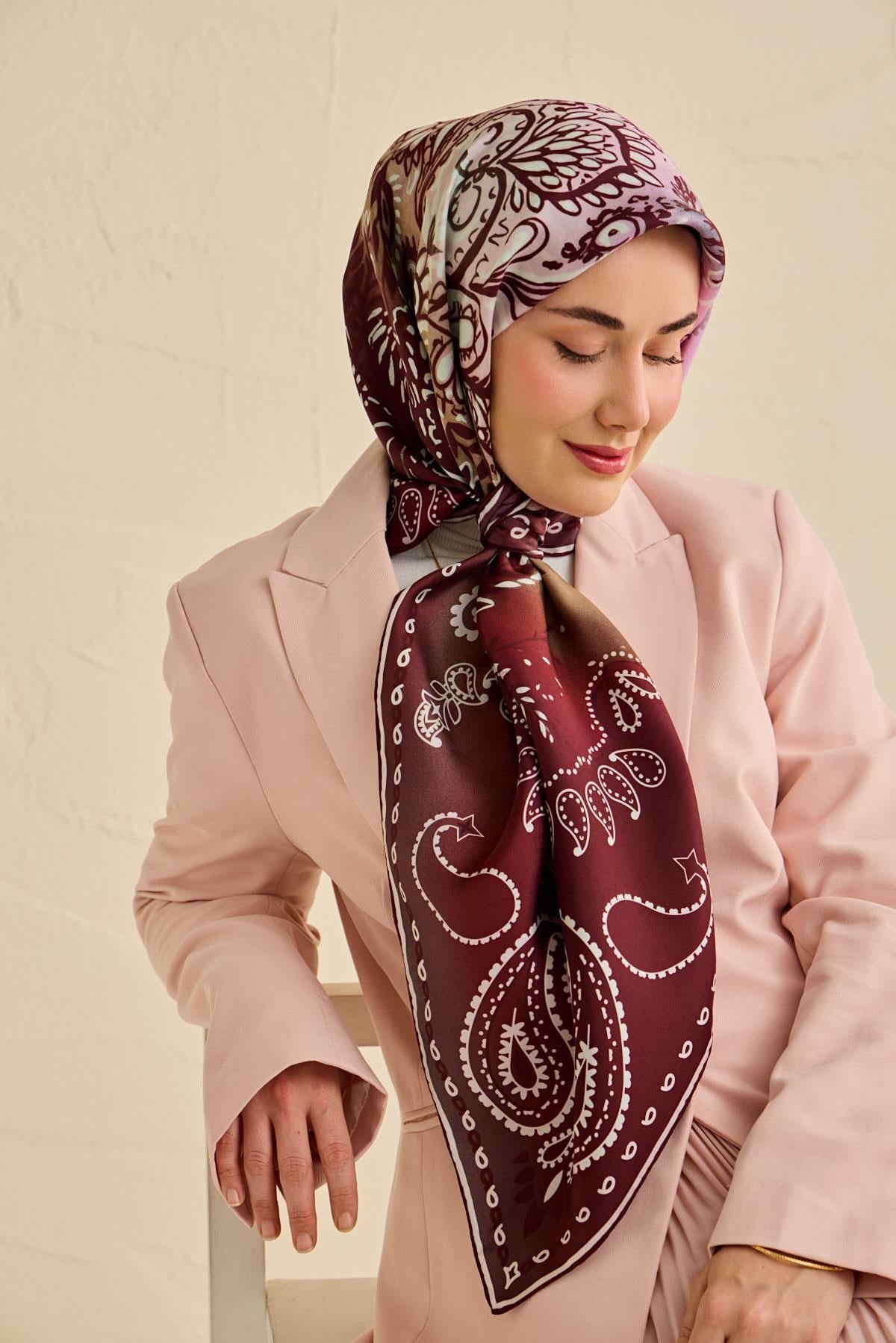 Twill İpek Eşarp Klasik Motif Bordo 90x90