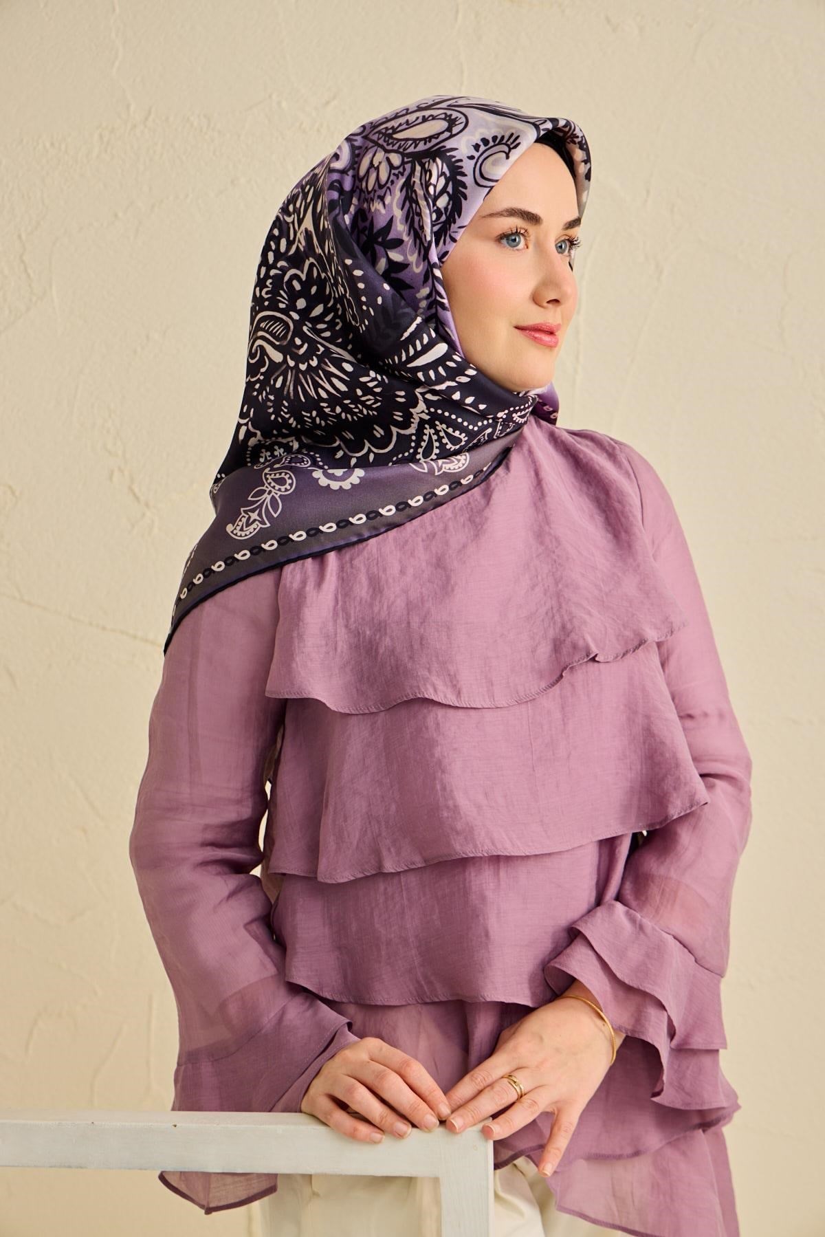 Twill İpek Eşarp Klasik Motif Eflatun 90x90