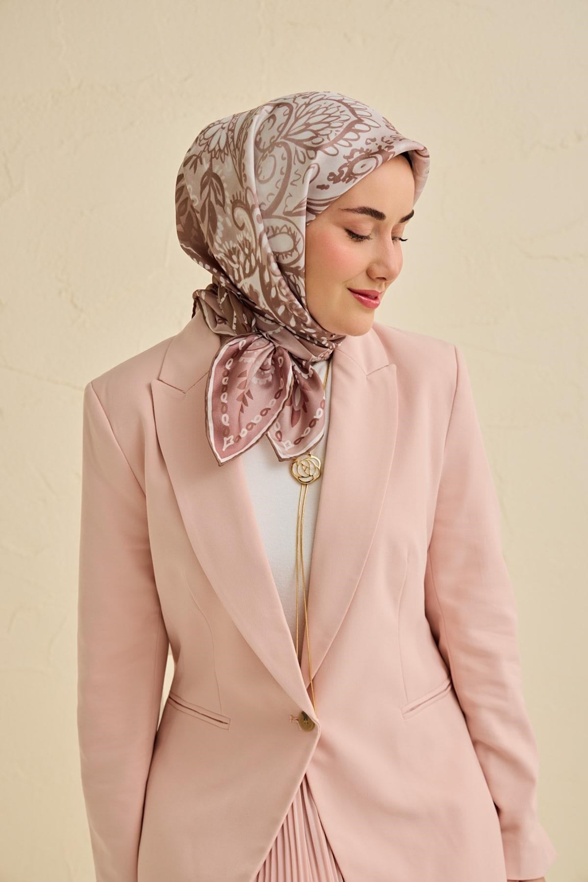 Twill İpek Eşarp Klasik Motif Gül Kurusu 90x90