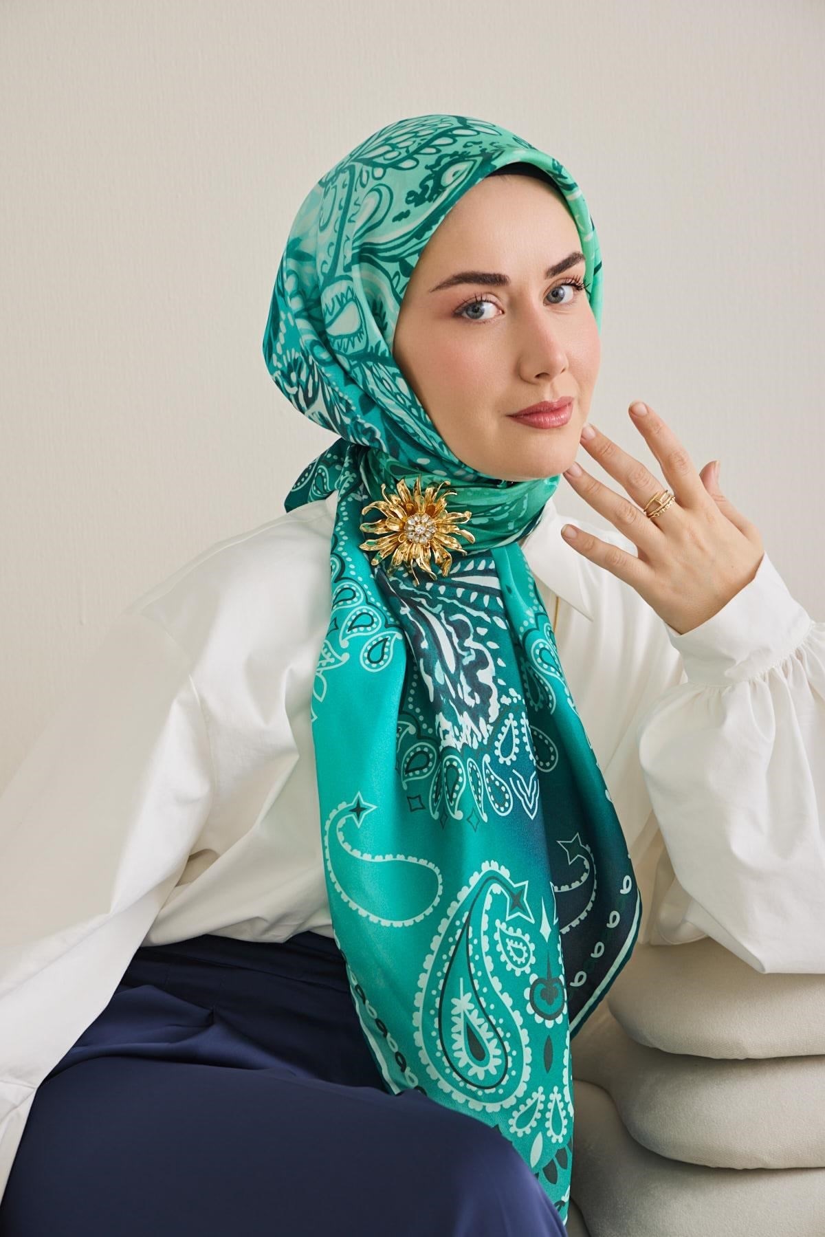 Twill İpek Eşarp Klasik Motif Turkuaz 90x90