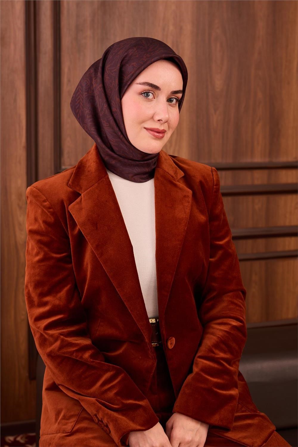 Twill İpek Eşarp Koyu Bordo-Tarçın Çiçek Desenli Tok Duruşlu Kaymaz 90x90
