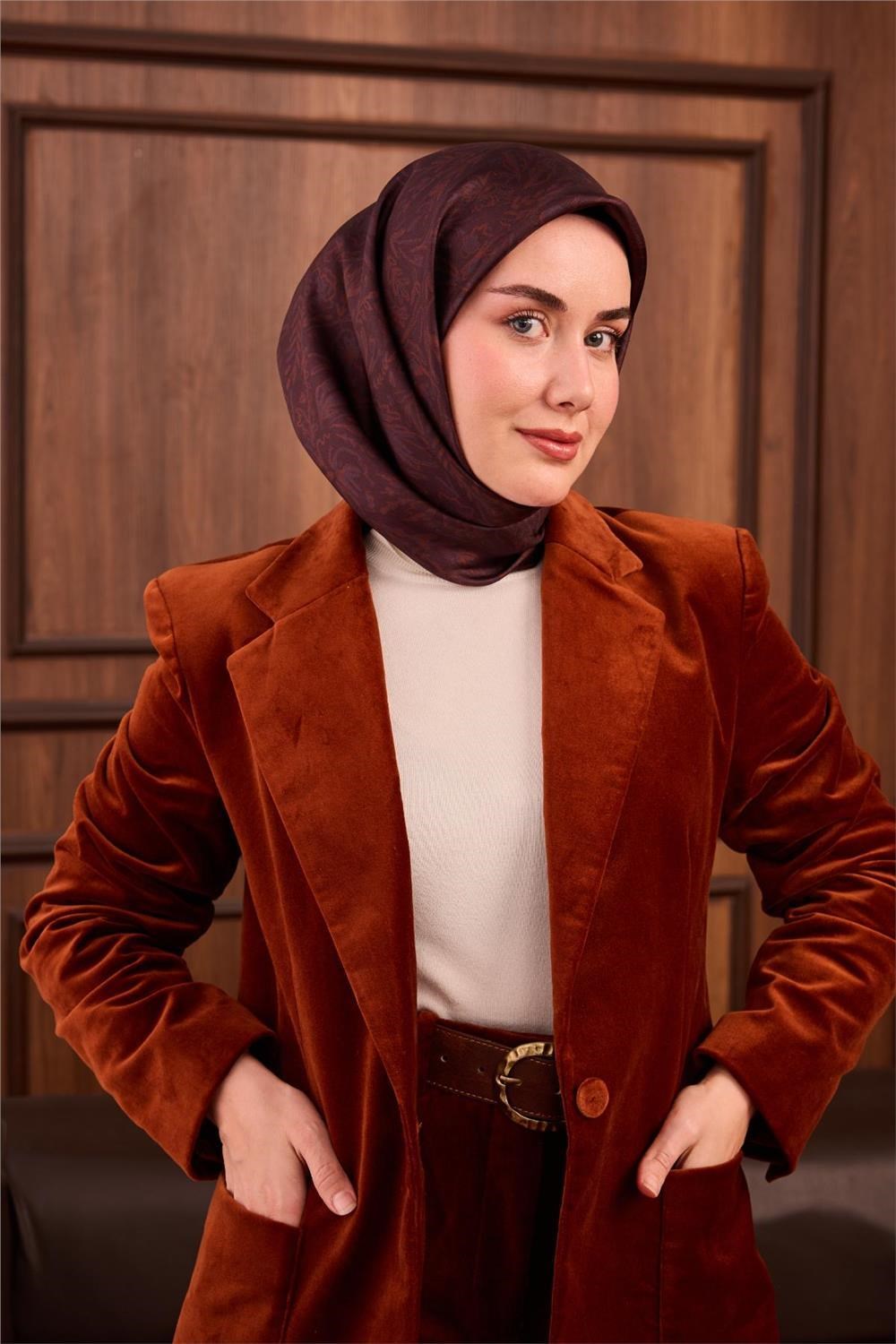 Twill İpek Eşarp Koyu Bordo-Tarçın Çiçek Desenli Tok Duruşlu Kaymaz 90x90