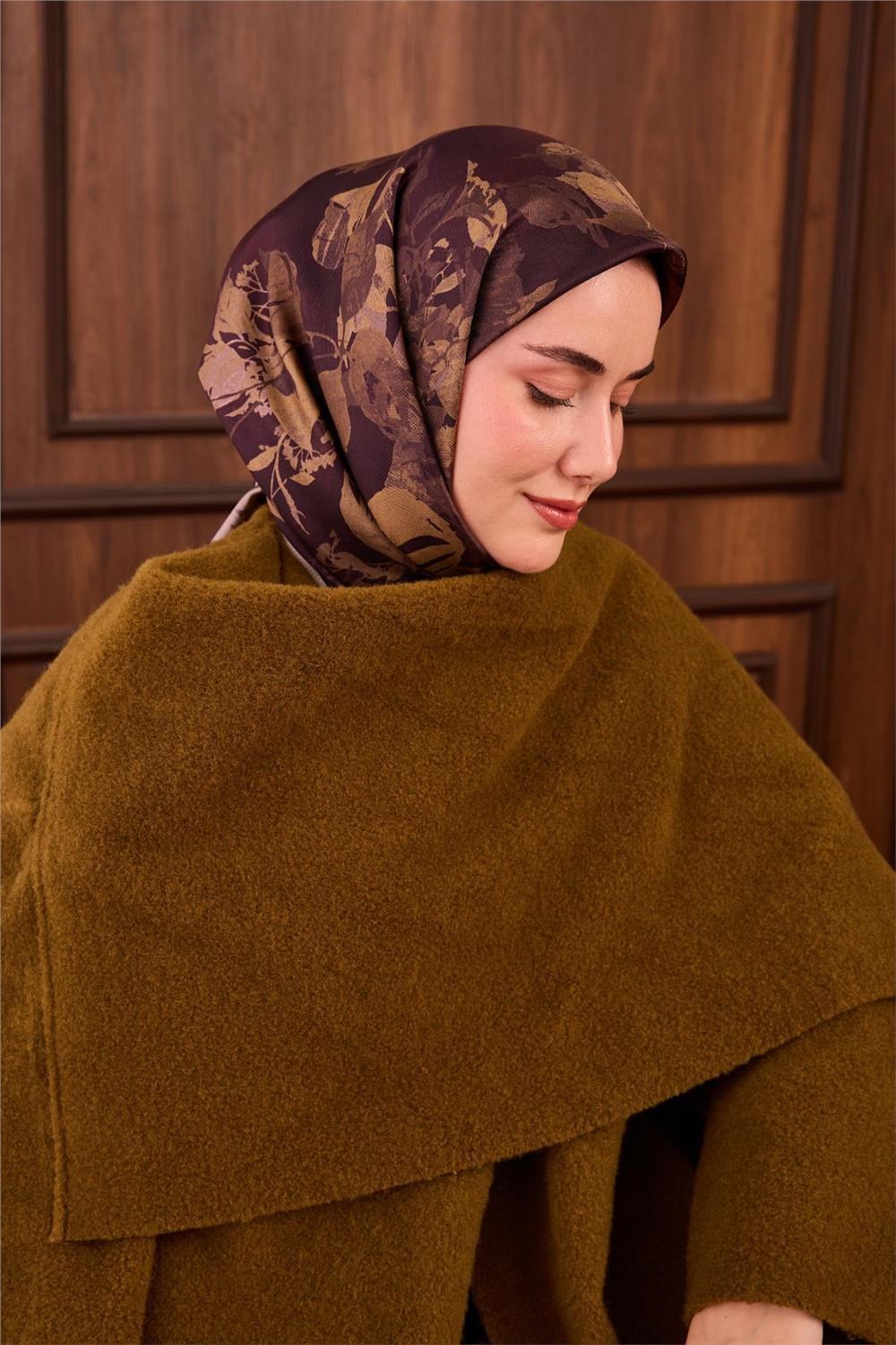 Twill İpek Eşarp Koyu Bordo-Vizon Çiçek Desenli Tok Formlu Kaymaz 90x90