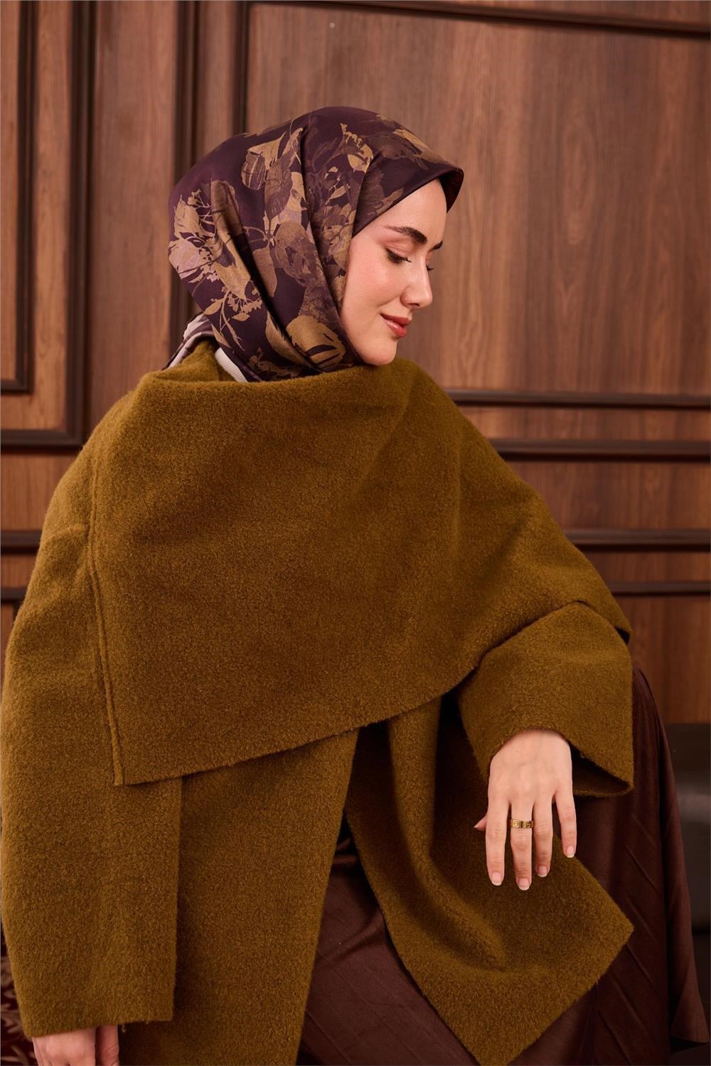 Twill İpek Eşarp Koyu Bordo-Vizon Çiçek Desenli Tok Formlu Kaymaz 90x90