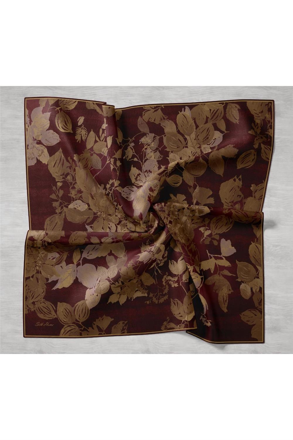 Twill İpek Eşarp Koyu Bordo-Vizon Çiçek Desenli Tok Formlu Kaymaz 90x90