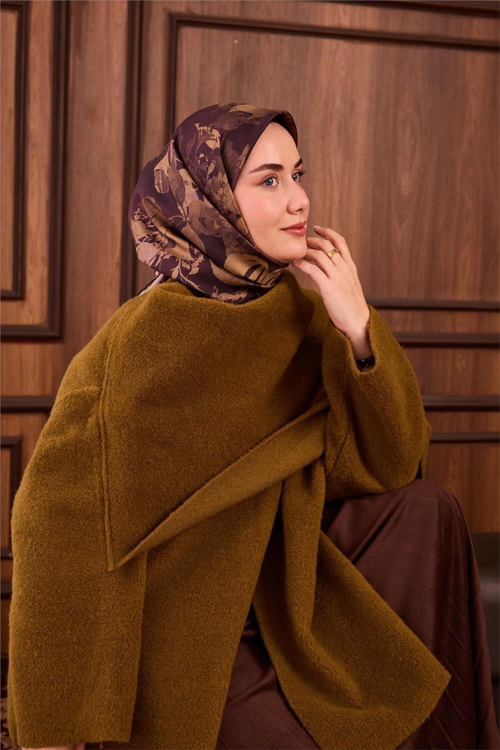 Twill İpek Eşarp Koyu Bordo-Vizon Çiçek Desenli Tok Formlu Kaymaz 90x90