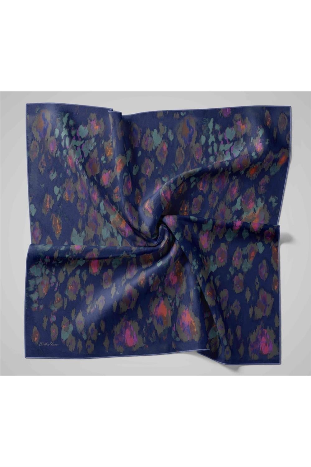 Twill İpek Eşarp Koyu Lacivert-Erguvan Desenli Tok Duruşlu 90x90