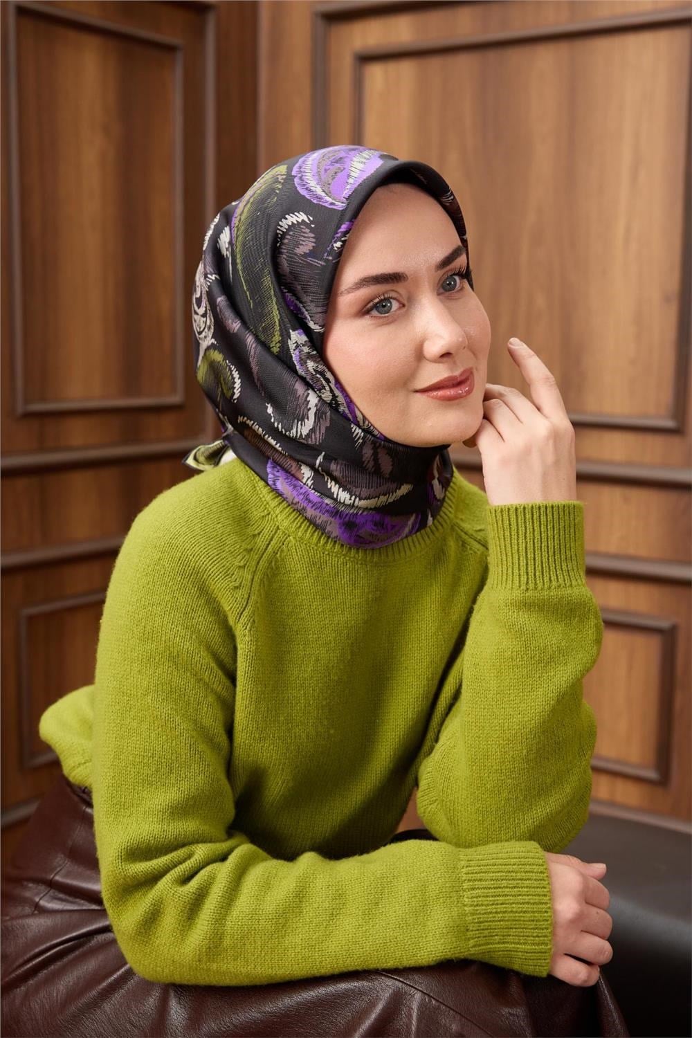 Twill İpek Eşarp Koyu Lacivert-Funda Desenli Tok Duruşlu 90x90