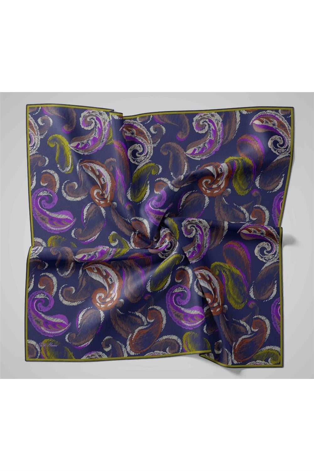 Twill İpek Eşarp Koyu Lacivert-Funda Desenli Tok Duruşlu 90x90