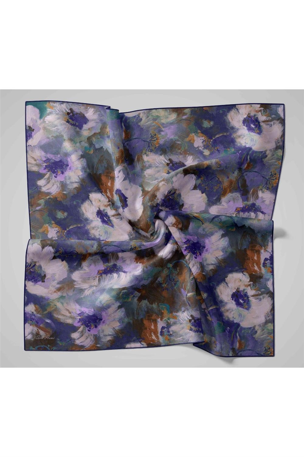 Twill İpek Eşarp Koyu Lacivert-Mor Desenli Tok Duruşlu 90x90