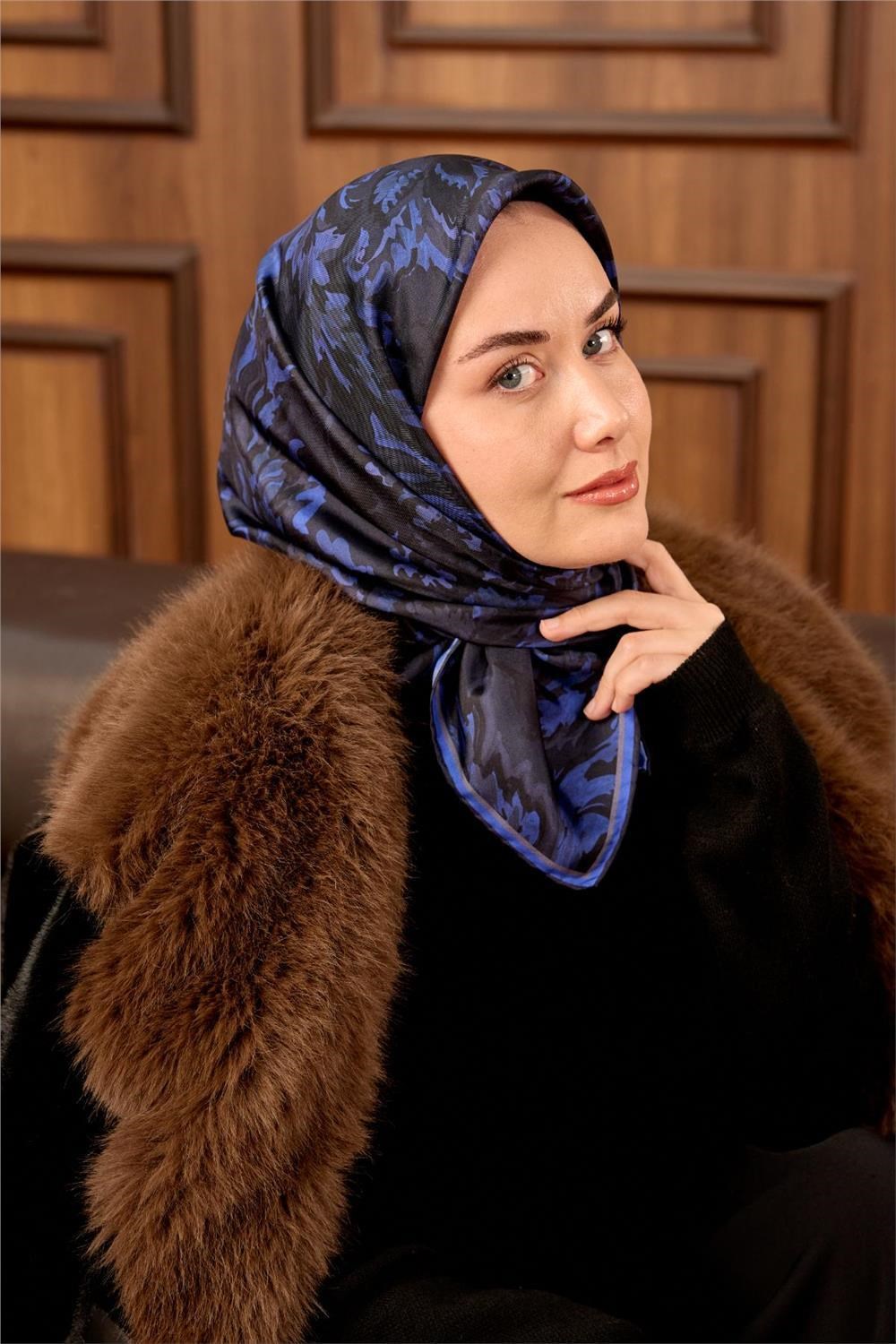 Twill İpek Eşarp Koyu Lacivert-Saks Desenli Tok Duruşlu 90x90