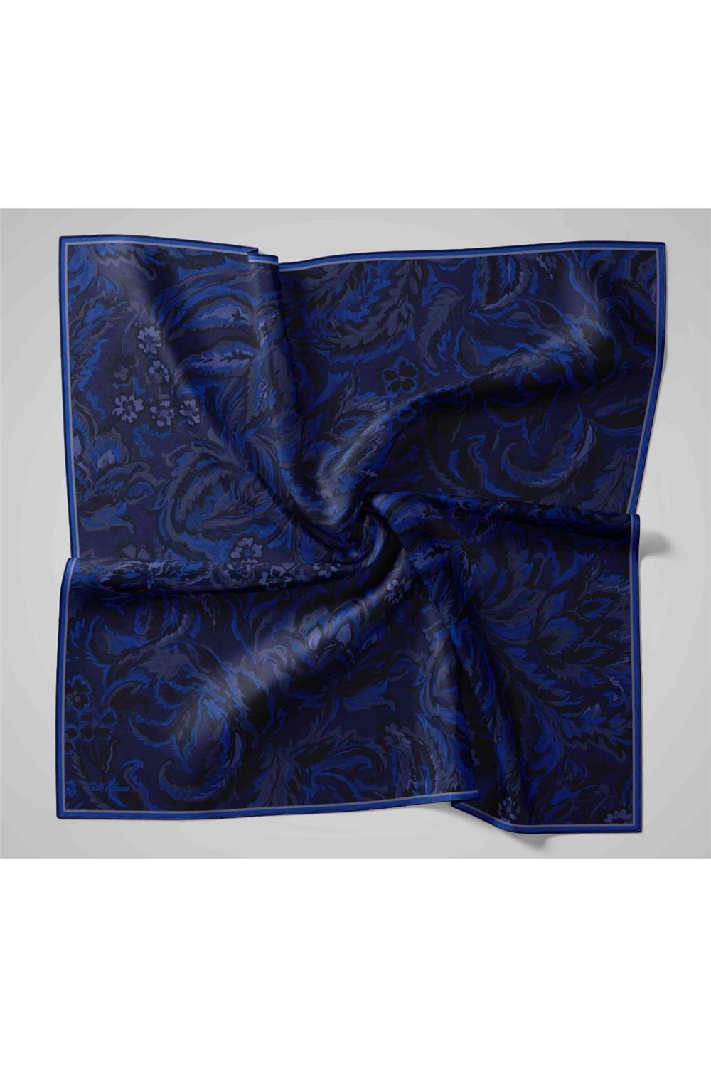 Twill İpek Eşarp Koyu Lacivert-Saks Desenli Tok Duruşlu 90x90