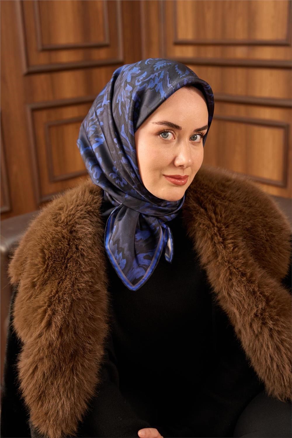 Twill İpek Eşarp Koyu Lacivert-Saks Desenli Tok Duruşlu 90x90