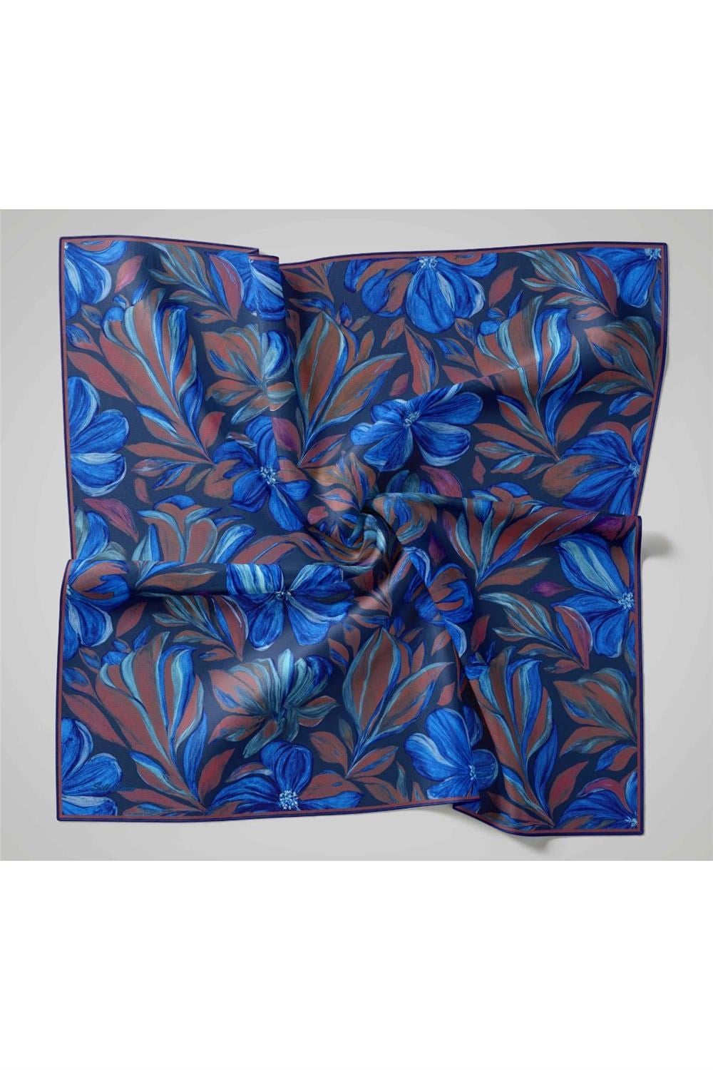 Twill İpek Eşarp Koyu Lacivert-Saks Mavi Desenli Tok Duruşlu 90x90