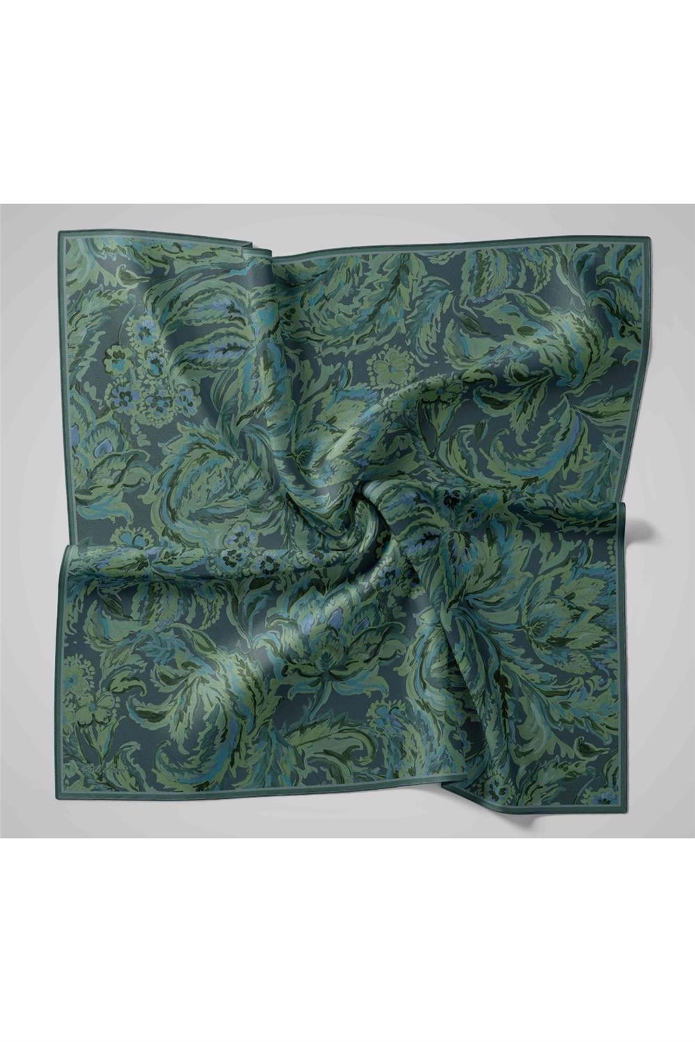 Twill İpek Eşarp Koyu Lacivert-Sisli Yeşil Desenli Tok Duruşlu 90x90