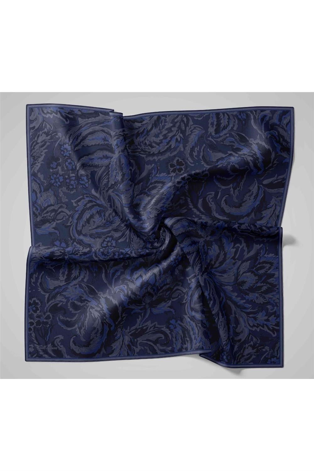 Twill İpek Eşarp Koyu Lacivert-Siyah Desenli Tok Duruşlu 90x90