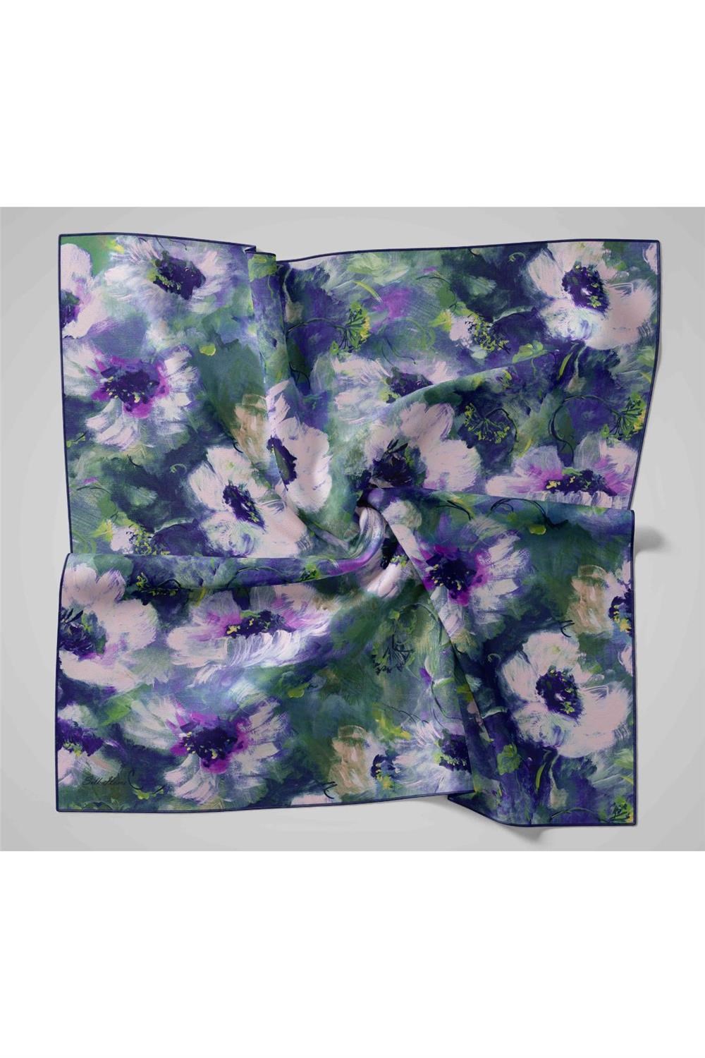 Twill İpek Eşarp Koyu Lacivert-Yeşil Mor Desenli Tok Duruşlu 90x90