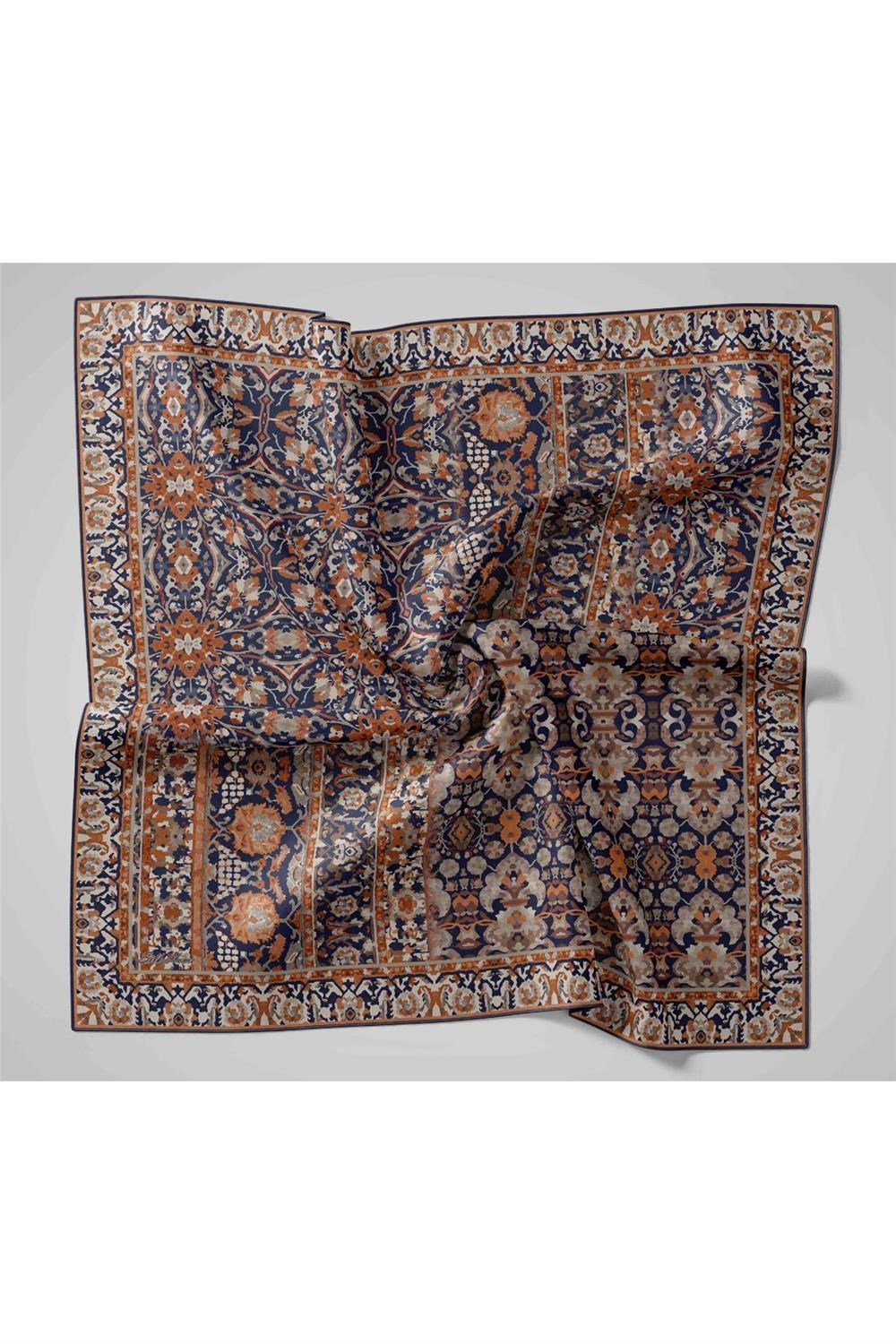 Twill İpek Eşarp Koyu Lacivert–Kahverengi Desenli Tok Duruşlu Kaymaz 90x90