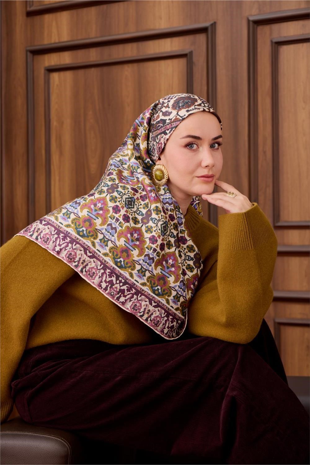 Twill İpek Eşarp Koyu Mor-Bebe Mavi Desenli Tok Duruşlu 90x90