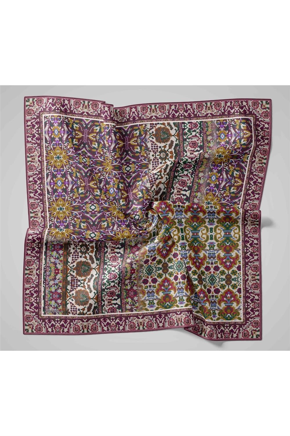 Twill İpek Eşarp Koyu Mor-Bebe Mavi Desenli Tok Duruşlu 90x90