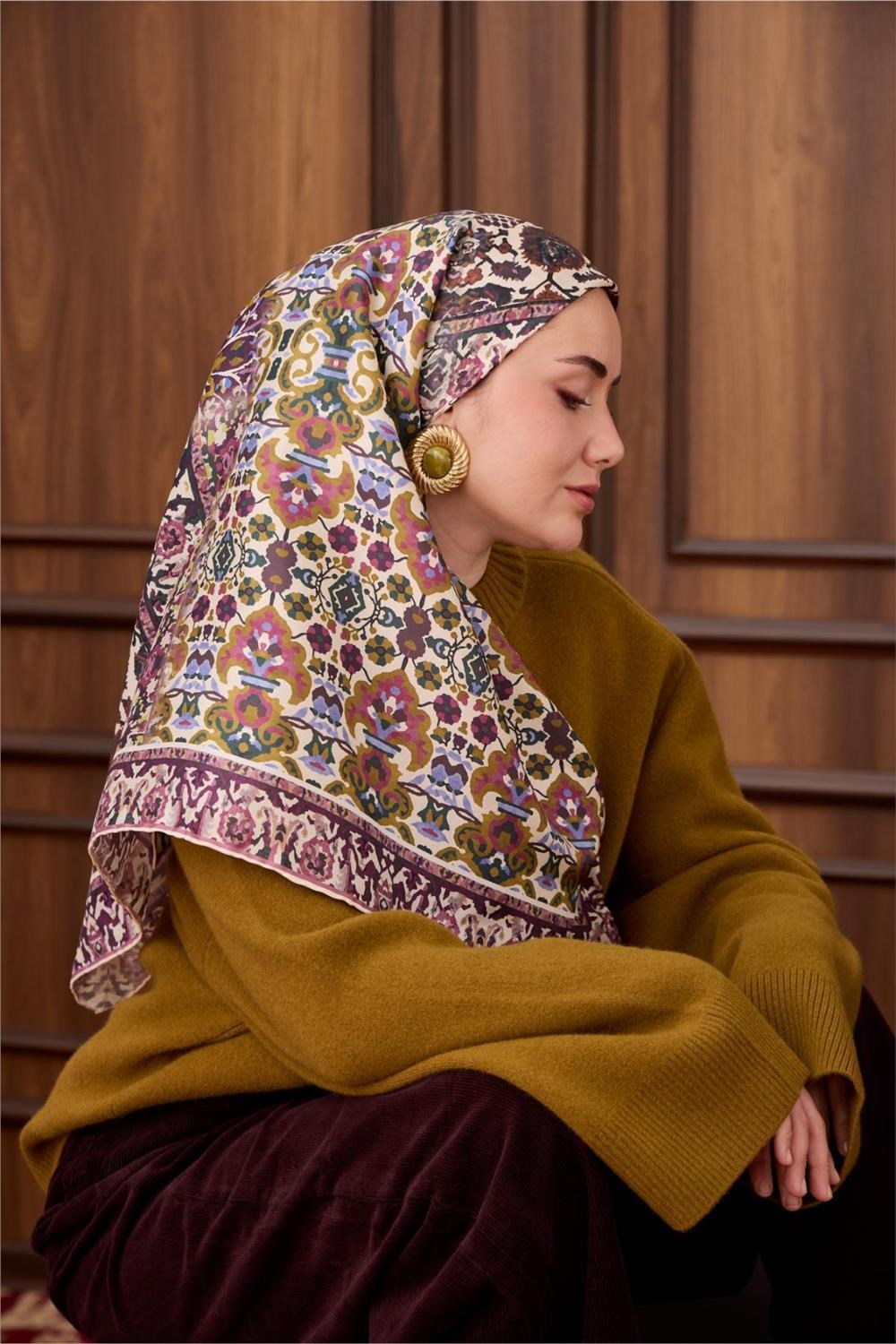 Twill İpek Eşarp Koyu Mor-Bebe Mavi Desenli Tok Duruşlu 90x90