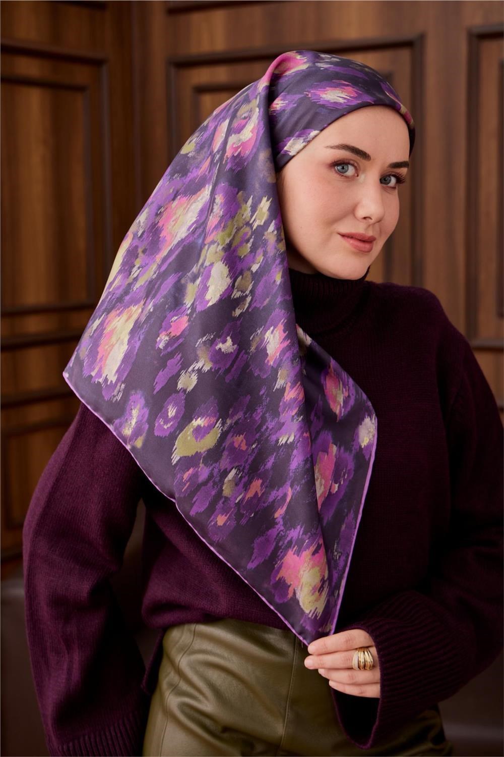 Twill İpek Eşarp Koyu Mor-Violet Desenli Tok Duruşlu 90x90