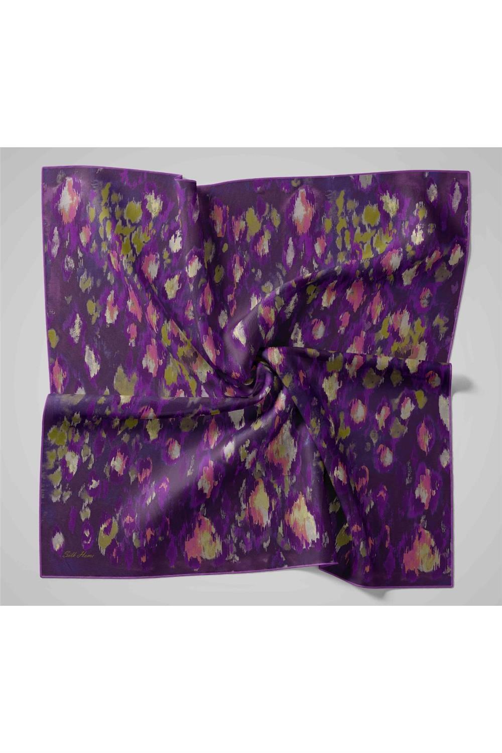 Twill İpek Eşarp Koyu Mor-Violet Desenli Tok Duruşlu 90x90