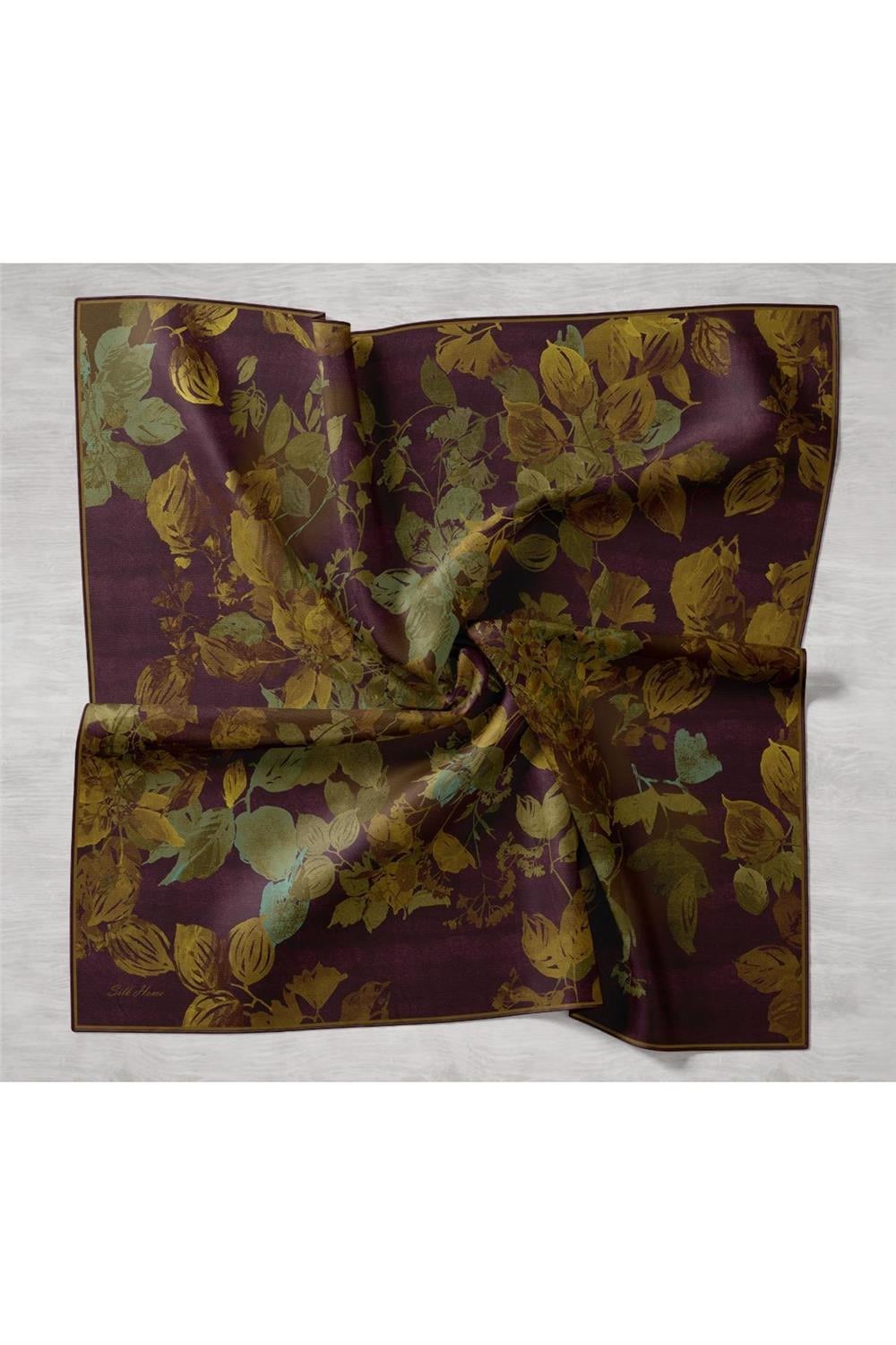 Twill İpek Eşarp Koyu Mor-Yeşil Çiçek Desenli Tok Duruşlu Kaymaz 90x90