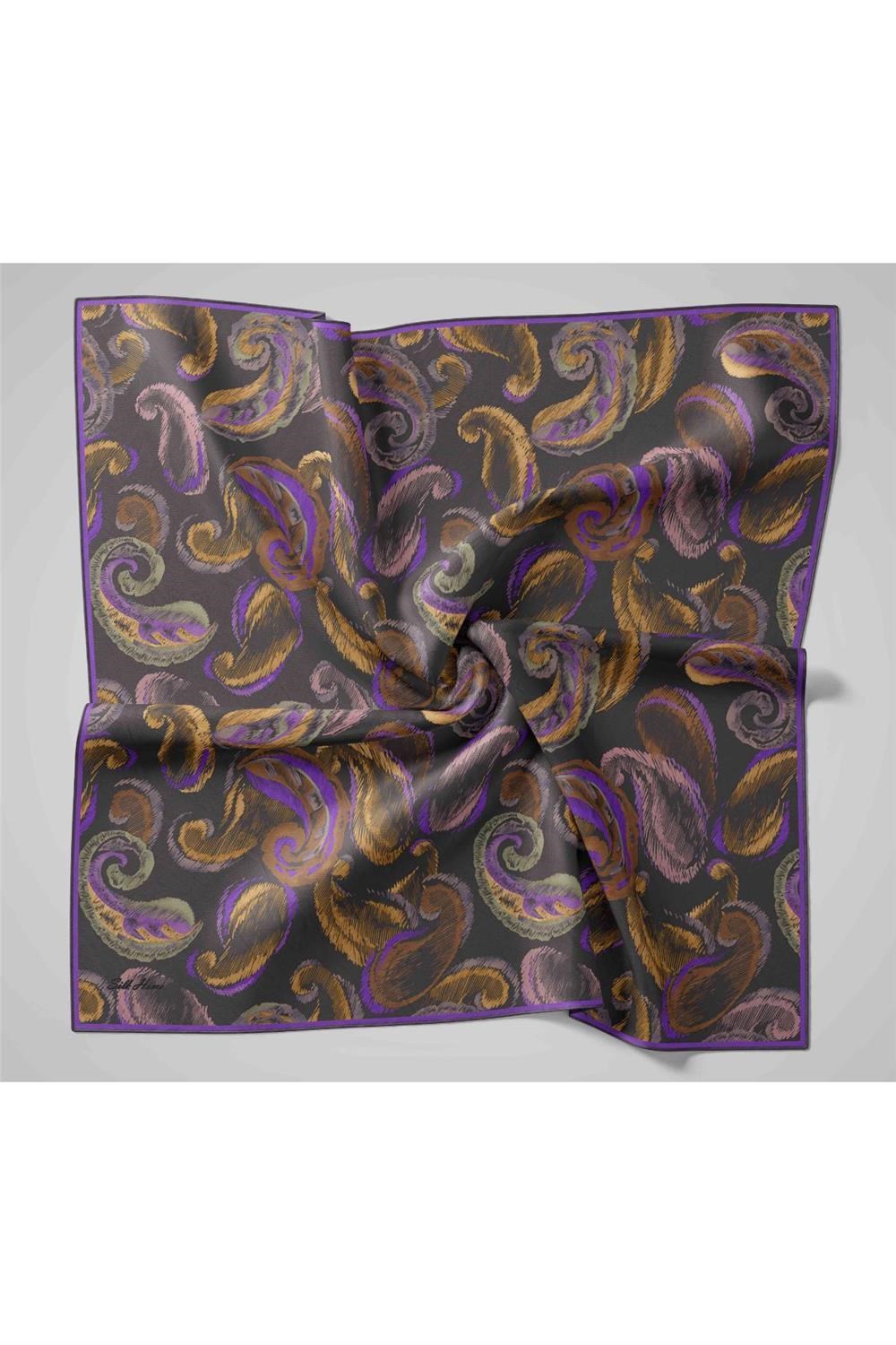 Twill İpek Eşarp Koyu Mor-Yeşil Desenli Tok Duruşlu 90x90