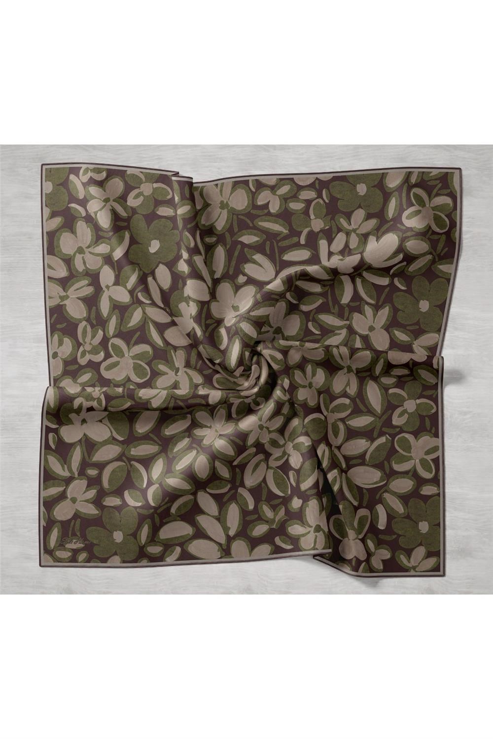 Twill İpek Eşarp Koyu Mor Yeşil Vizon Papatya Desenli Tok Duruşlu 90x90