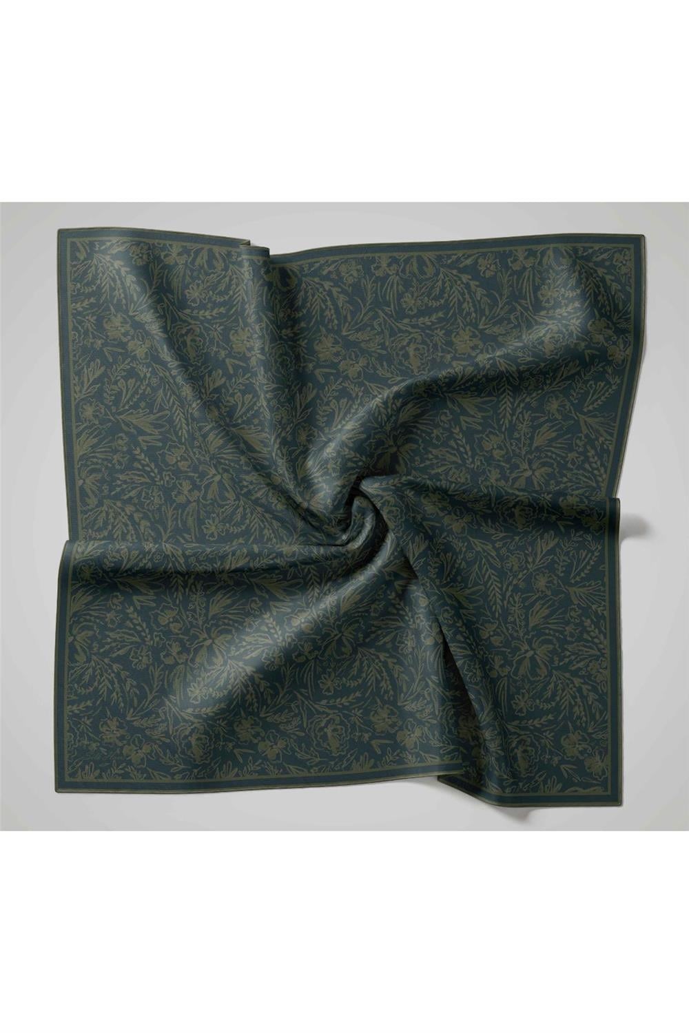 Twill İpek Eşarp Koyu Yeşil Çiçek Desenli Tok Duruşlu Kaymaz 90x90