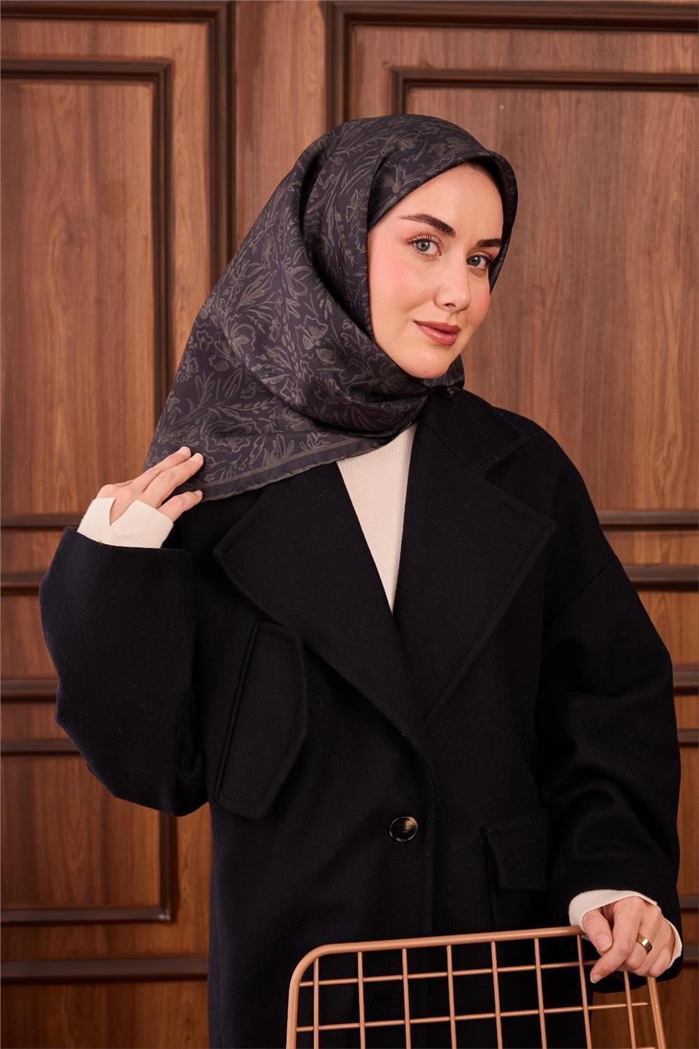 Twill İpek Eşarp Koyu Yeşil Çiçek Desenli Tok Duruşlu Kaymaz 90x90