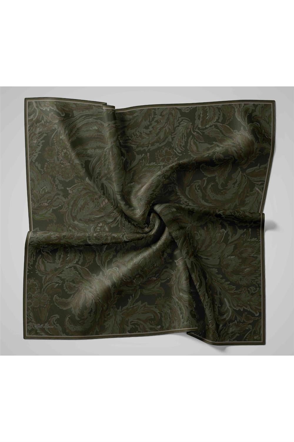 Twill İpek Eşarp Koyu Yeşil-Gri Desenli Tok Duruşlu 90x90