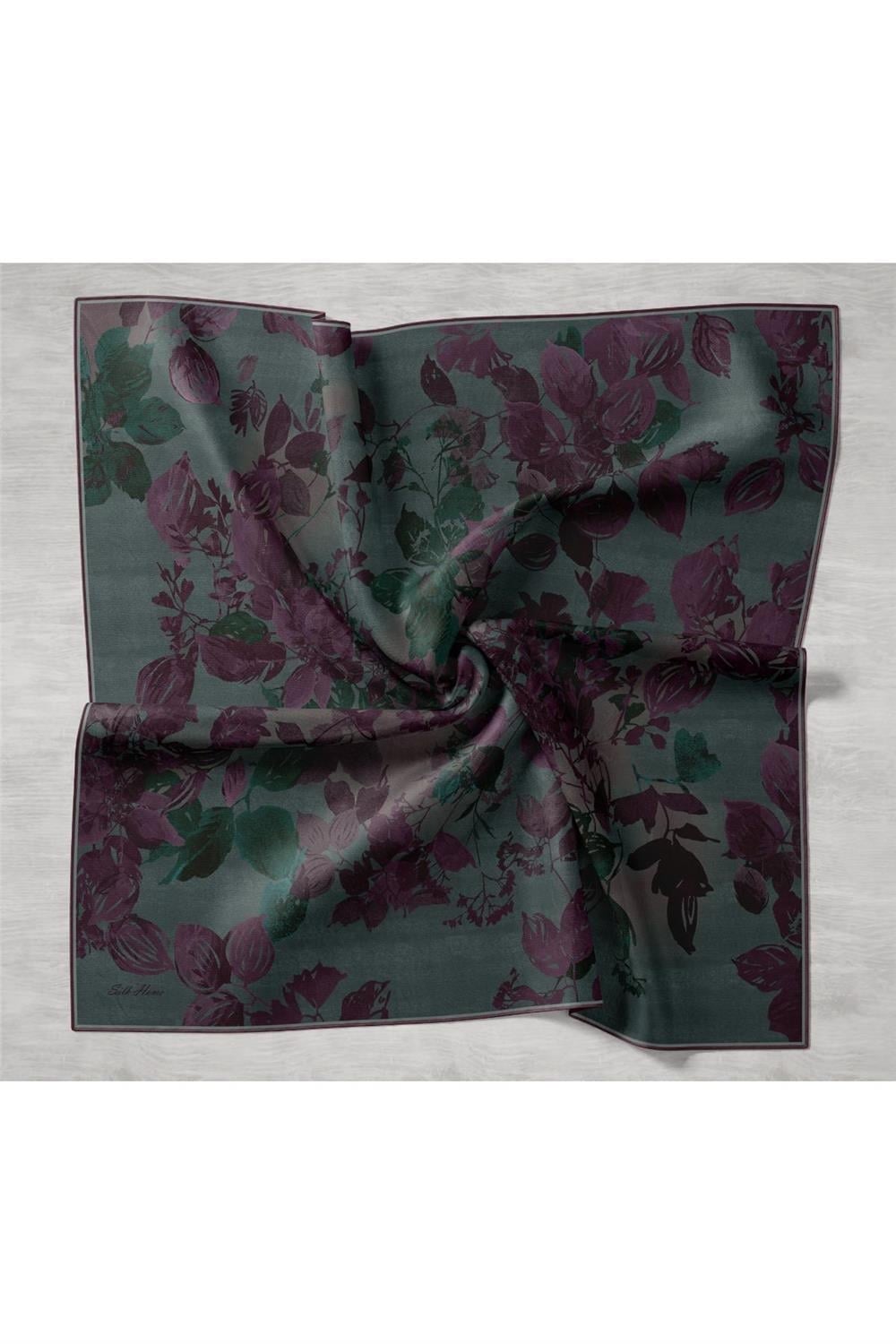 Twill İpek Eşarp Koyu Yeşil-Mor Çiçek Desenli Tok Duruşlu Kaymaz 90x90