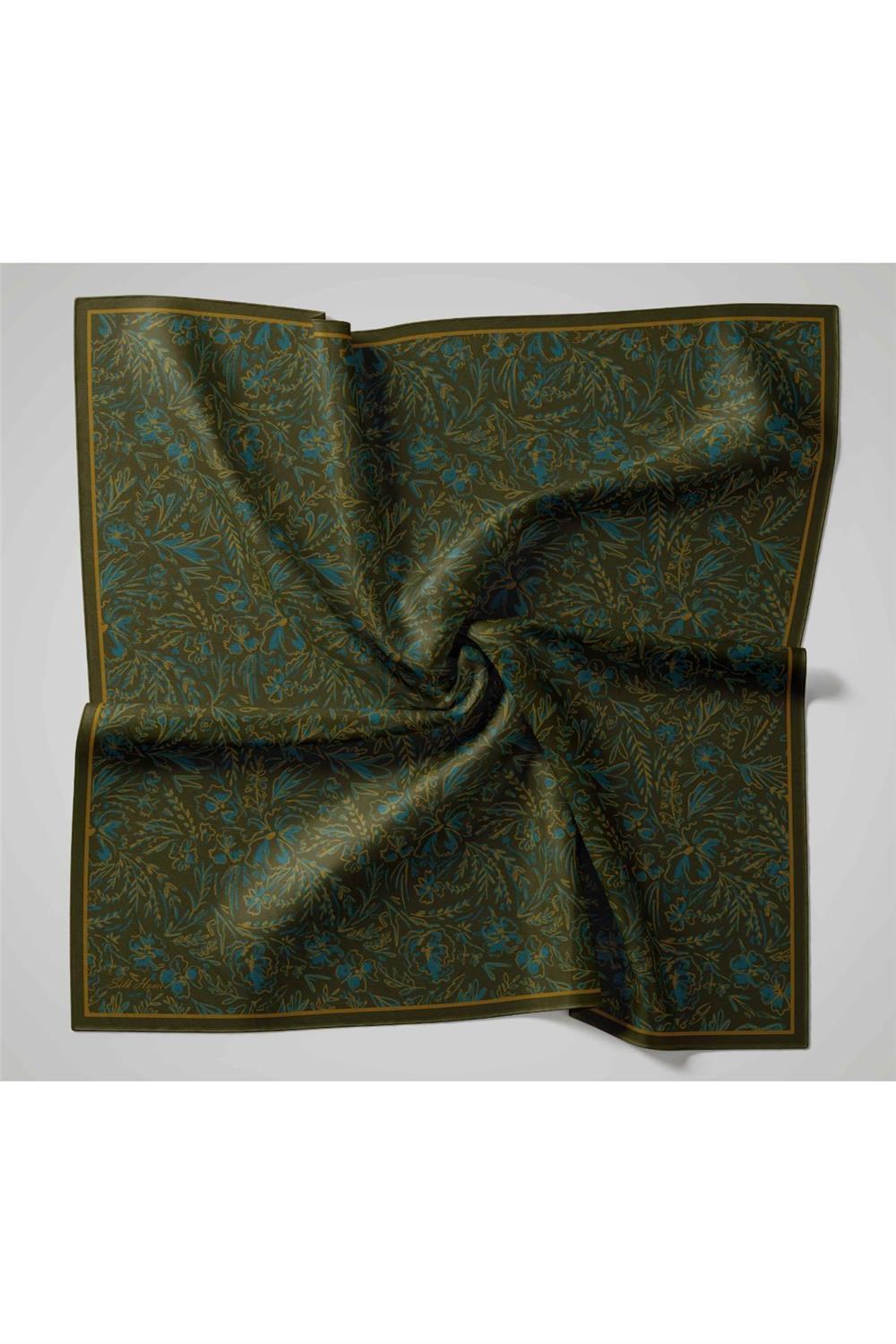 Twill İpek Eşarp Koyu Yeşil-Olive Çiçek Desenli Tok Duruşlu Kaymaz 90x90